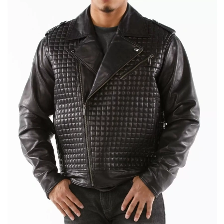 Pelle Pelle Black Biker Leather Jacket Houndstooth view 2