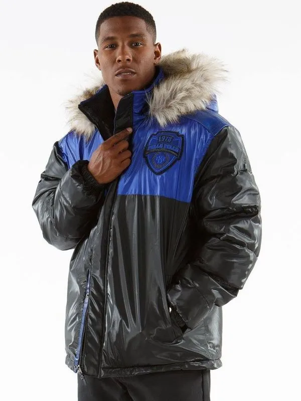 Pelle Pelle Gray and Blue Puffer Hooded Coat