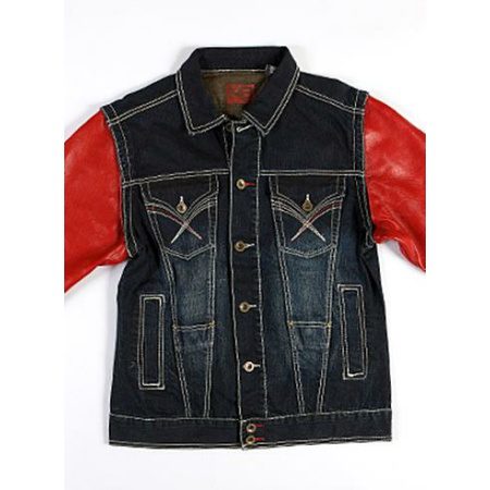 Exclusive Pelle Pelle Black Jeans Jacket With Red Leather Sleeves view 2