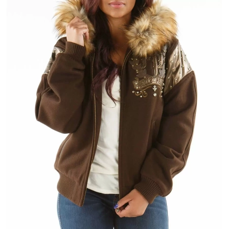 Brown Fur Hood Pelle Pelle Wool Jacket view 2