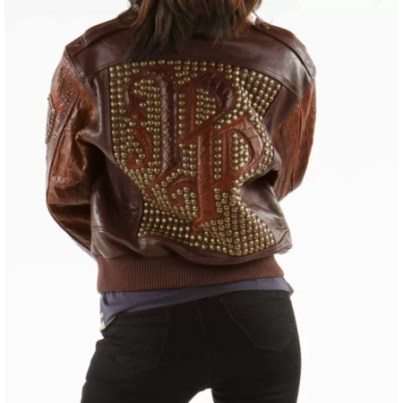 Brown Pelle Pelle Bomber Fur Studded Jacket view 2