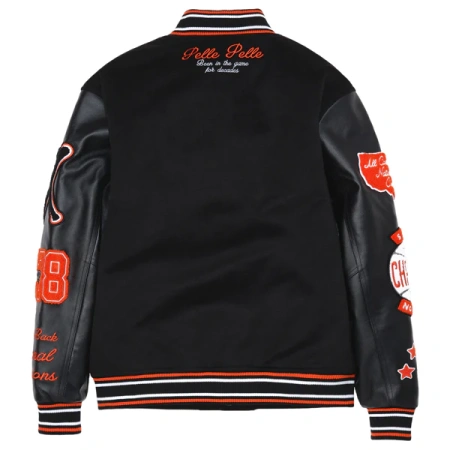 World Famous Pelle Pelle Orange Black Varsity Jacket view 3