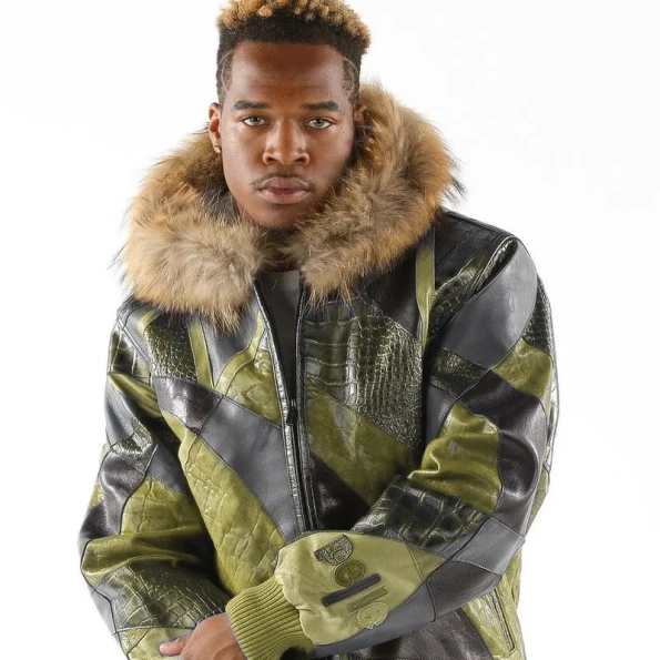 Pelle Pelle Olive Fur Hood Leather Jacket | Abstract Pattern view 2