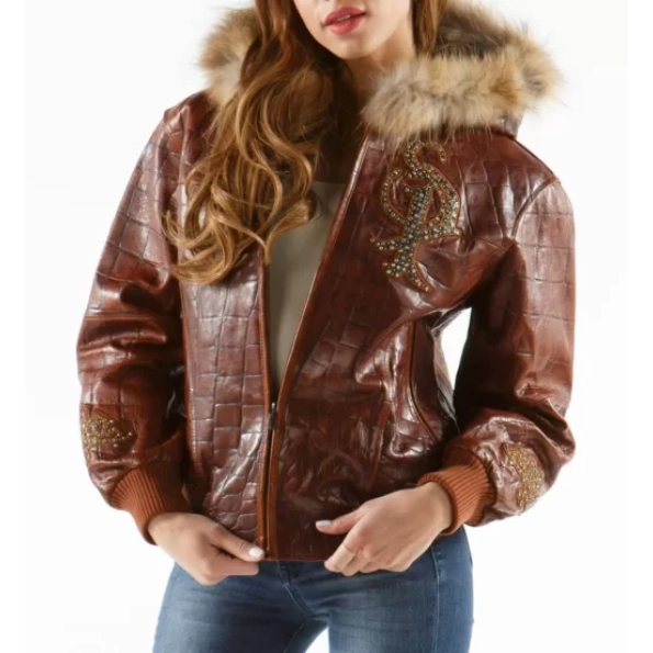 Pelle Pelle Dark Brown Women Fur Hooded Leather Jacket