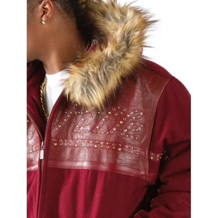 Pelle Pelle Maroon Wool Fur Hood Stud Jacket | Men Jacket view 2