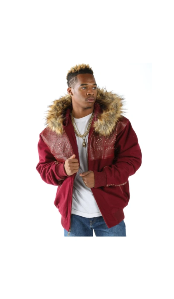 Pelle Pelle Maroon Wool Fur Hood Stud Jacket | Men Jacket