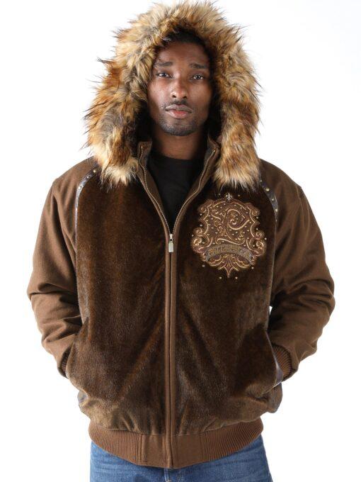 Pelle Pelle Brown Crest Fur Hood Wool Jacket