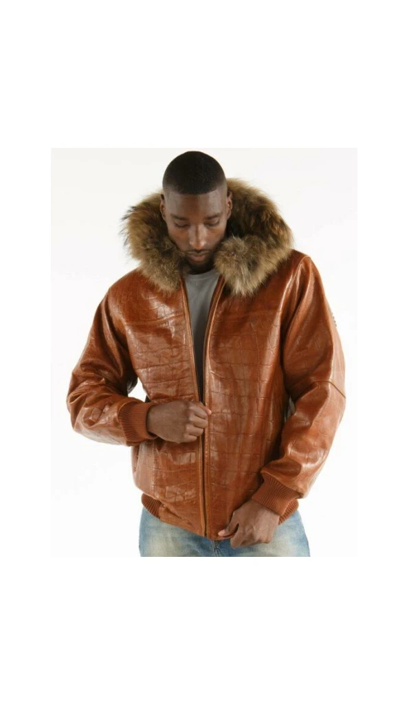 Pelle Pelle Men Croc Leather Fur Hood Jacket | Brown Jacket