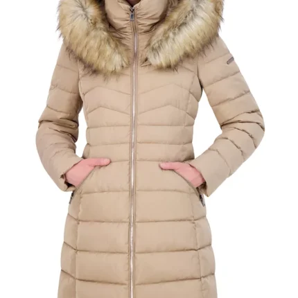 Cream Fur Hooded Puffer Women Coat