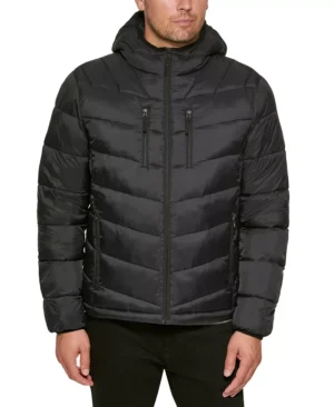 Men Chevron Black Hooded Puffer Jacket