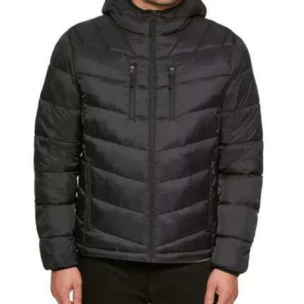 Men Chevron Black Hooded Puffer Jacket