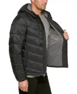 Men Chevron Black Hooded Puffer Jacket