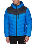 Men Chevron Blue Hooded Puffer Jacket