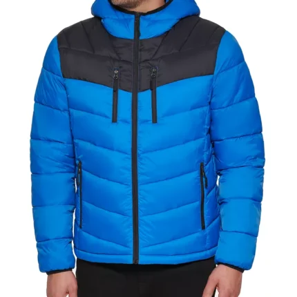 Men Chevron Blue Hooded Puffer Jacket