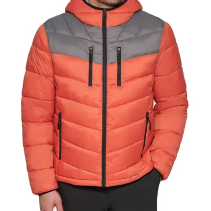 Men Chevron Orange Hooded Puffer Jacket