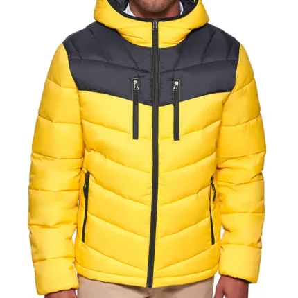 Men Chevron Yellow Hooded Puffer Jacket