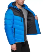 Men Chevron Blue Hooded Puffer Jacket