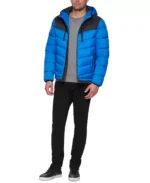 Men Chevron Blue Hooded Puffer Jacket