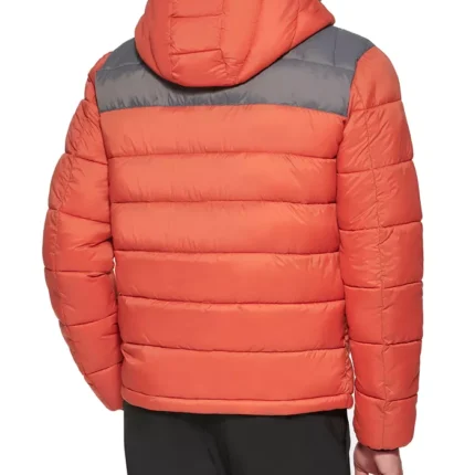 Men Chevron Orange Hooded Puffer Jacket