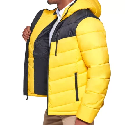 Men Chevron Yellow Hooded Puffer Jacket