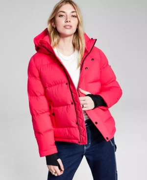 Red Hooded Puffer Women Jacket