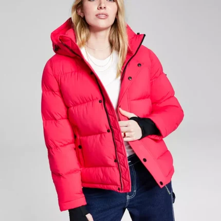 Red Hooded Puffer Women Jacket