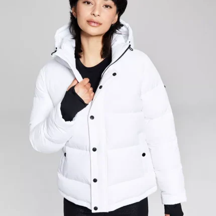 Women White Puffer Hooded Jacket