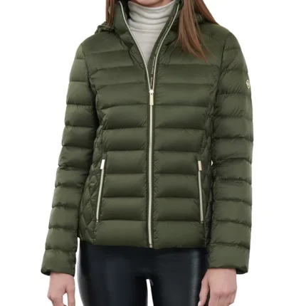 Women Green Puffer Hooded Jacket