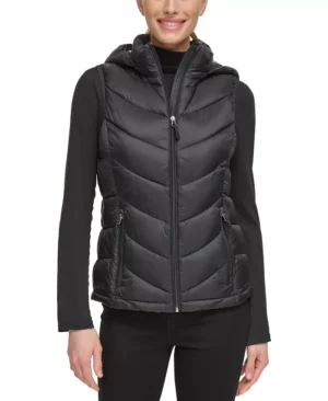 Black Puffer Hooded Women Vest