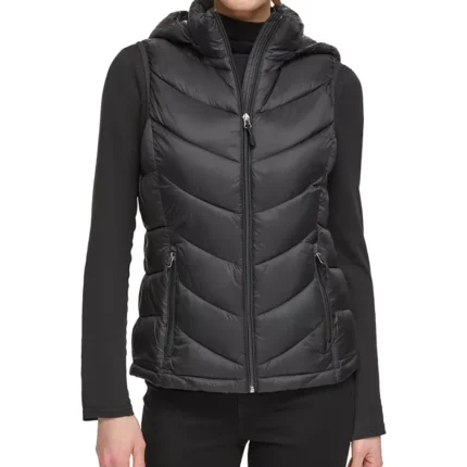 Black Puffer Hooded Women Vest