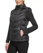 Black Puffer Hooded Women Vest