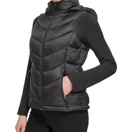 Black Puffer Hooded Women Vest