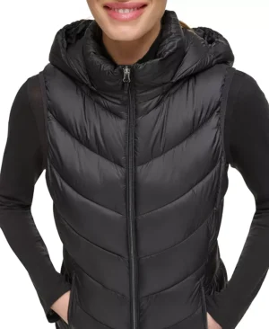 Black Puffer Hooded Women Vest