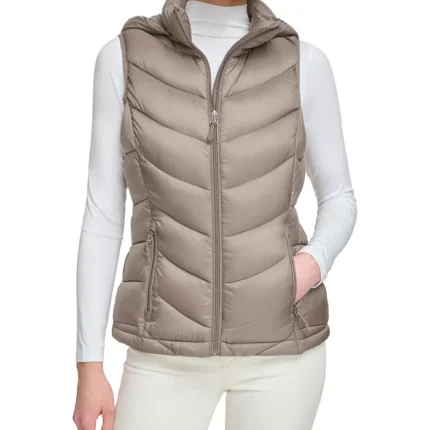 Taupe Puffer Hooded Women Vest