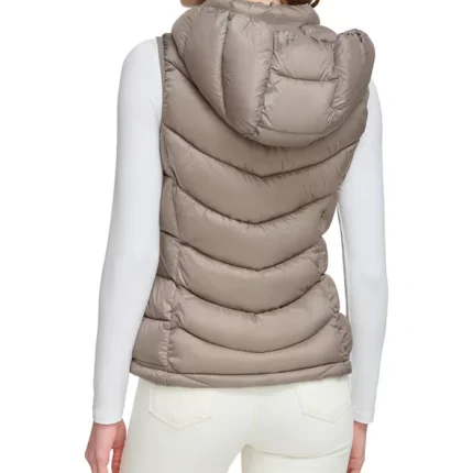 Taupe Puffer Hooded Women Vest