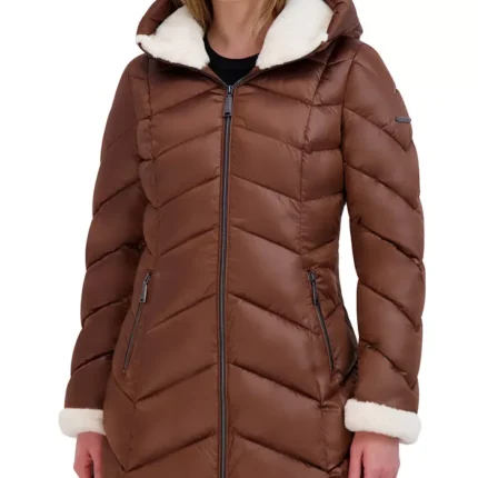 Women Brown Fur Hooded Puffer Jacket