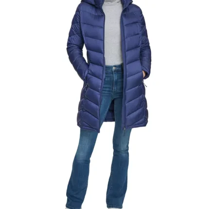 Women Dark Blue Puffer Long Coat