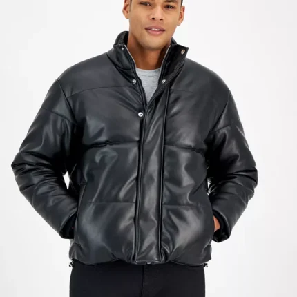 Men Black Quilted Leather Puffer Jacket