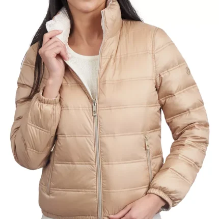 Women Cream Zipper Puffer Jacket