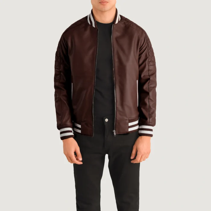 Maroon Varsity Leather Zipper Jacket