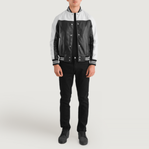 Black White Leather Varsity Men Jacket