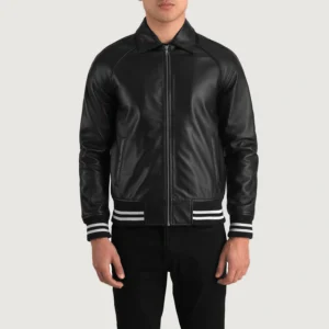 Men Varsity Plain Black Leather Jacket