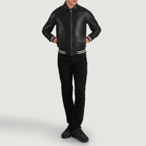 Men Varsity Plain Black Leather Jacket