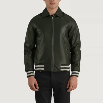 Dark Green Plain Leather Varsity Jacket