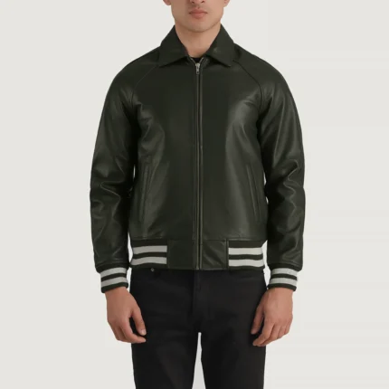 Dark Green Plain Leather Varsity Jacket