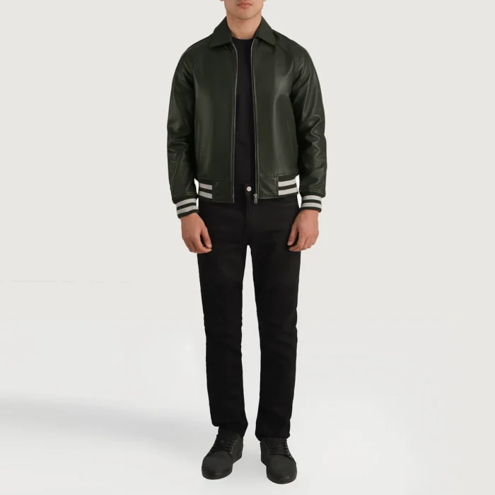 Dark Green Plain Leather Varsity Jacket