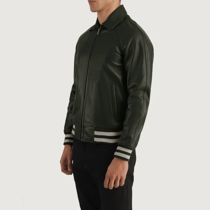 Dark Green Plain Leather Varsity Jacket