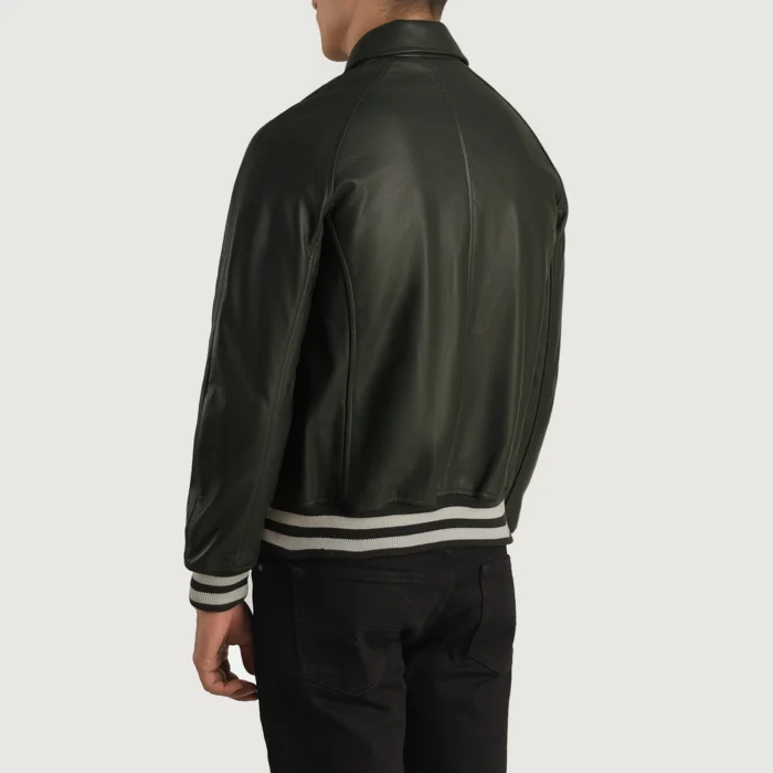 Dark Green Plain Leather Varsity Jacket