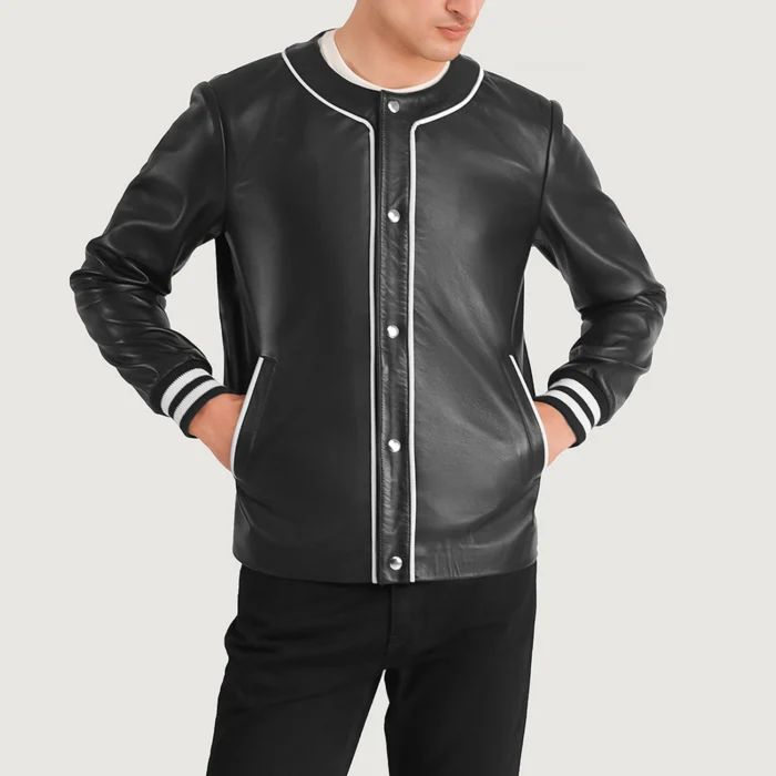 Men Collarless Leather Varsity Jacket