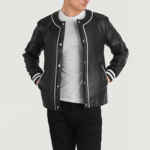 Men Collarless Leather Varsity Jacket